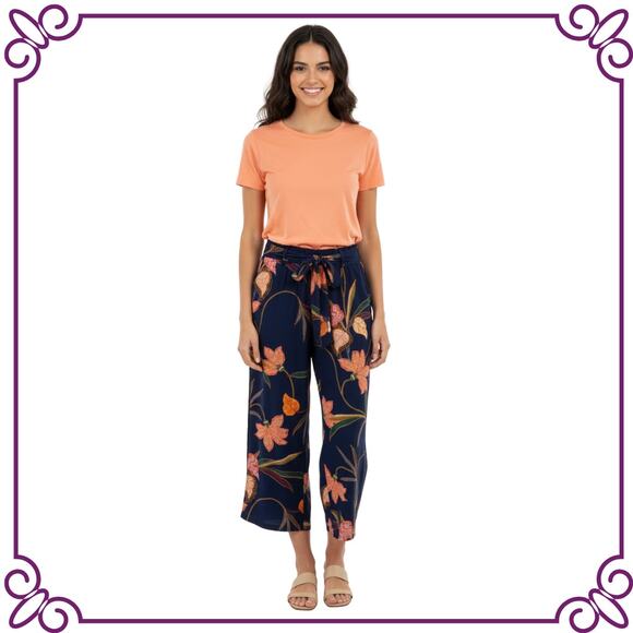 LOFT Floral Blue Orange Red Lightweight Wide Leg Capri Pants Petites XSP - Picture 1 of 9